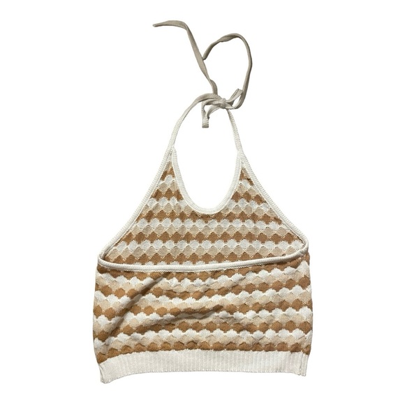 Boho Tan & White Crochet Knit Halter Crop Top | Festival-Ready Summer Must-Have - Picture 5 of 6